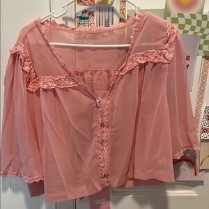 Pink Sheer Lace Trim Women's Top